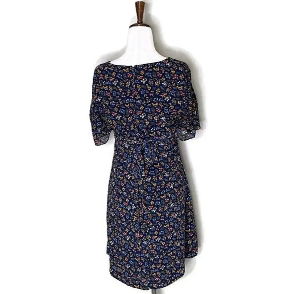 Madewell Cross Front Floral Flutter Sleeve Faux Wrap A Line Tie Dress Blue 4 - Picture 4 of 9